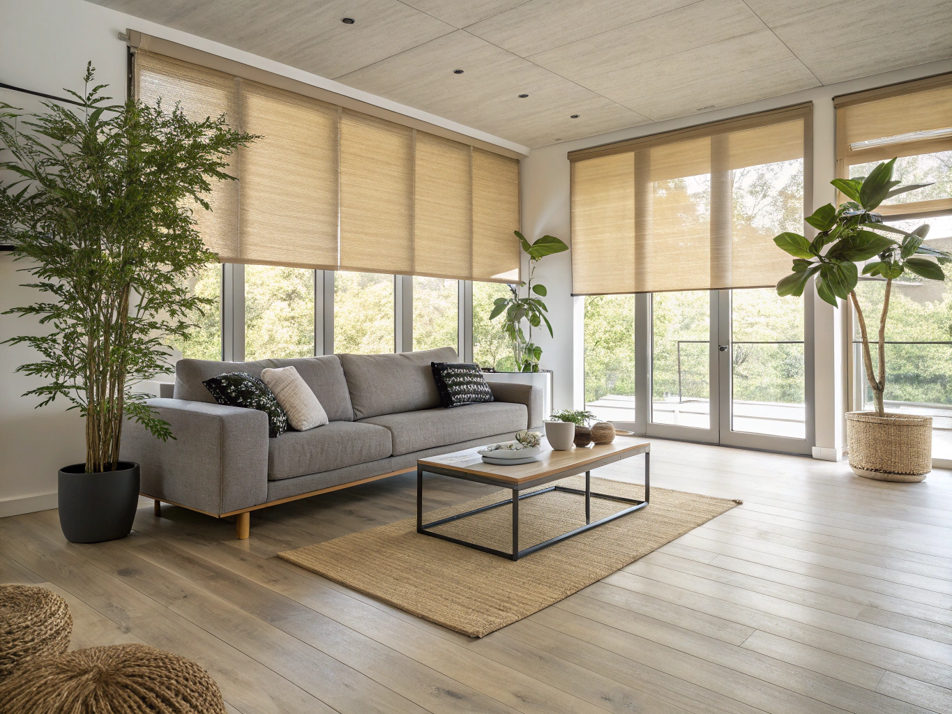 Automated roller shades in a modern living room