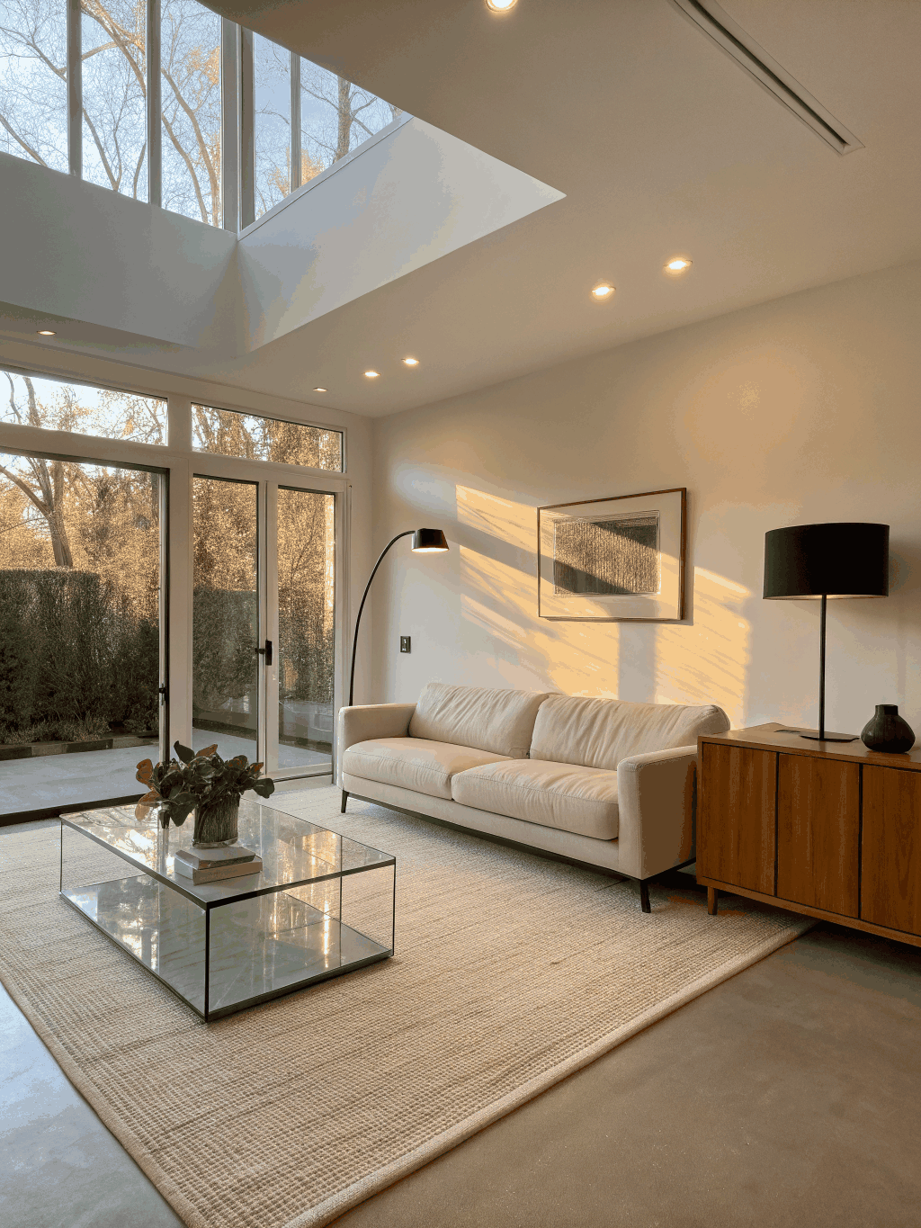 Sunlit minimalist living room with smart lighting